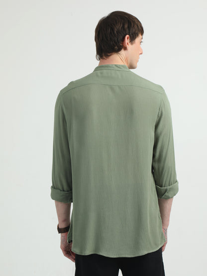 Chinese Neck Olive Cotton Blend Full Sleeve Shirt