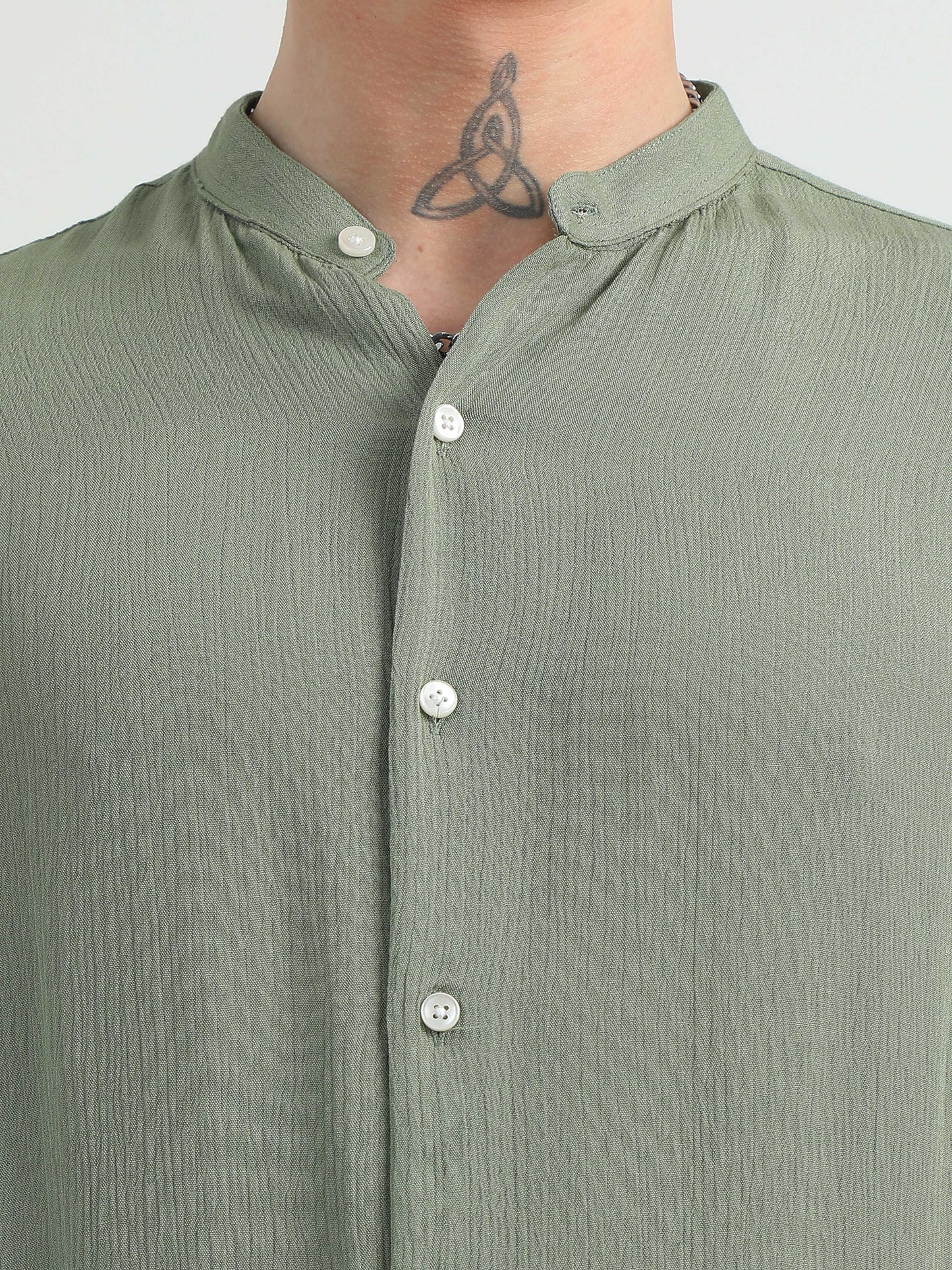 Chinese Neck Olive Cotton Blend Full Sleeve Shirt