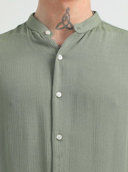 Chinese Neck Olive Cotton Blend Full Sleeve Shirt