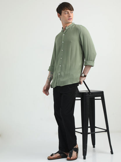 Chinese Neck Olive Cotton Blend Full Sleeve Shirt