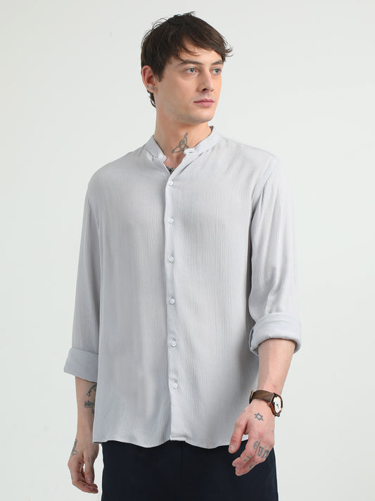 Chinese Neck Light Grey Cotton Blend Full Sleeve Shirt