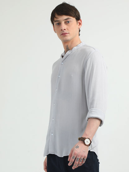 Chinese Neck Light Grey Cotton Blend Full Sleeve Shirt