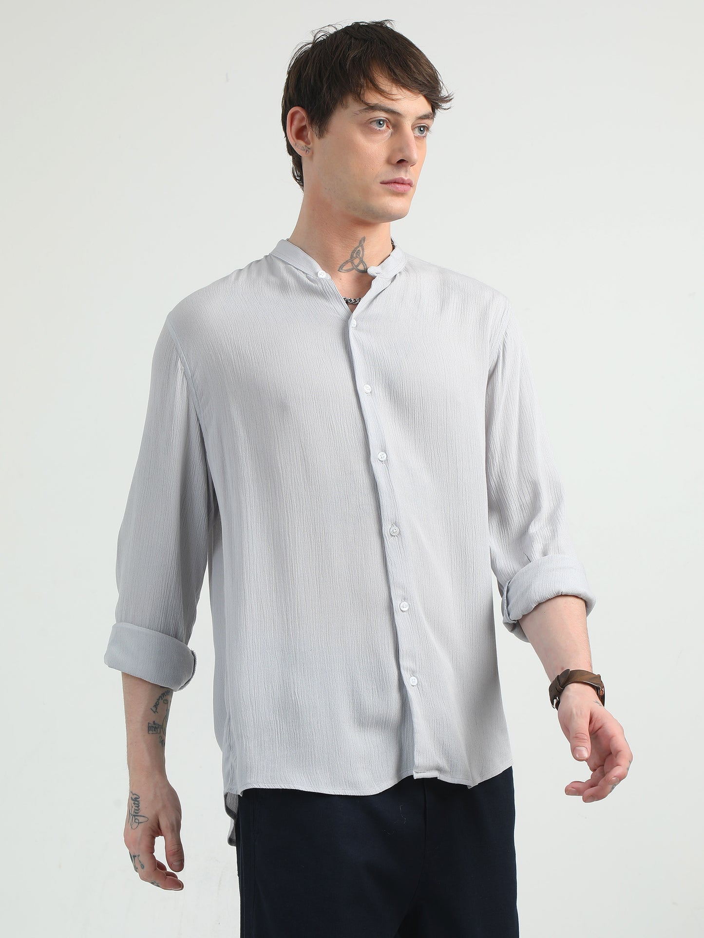 Chinese Neck Light Grey Cotton Blend Full Sleeve Shirt