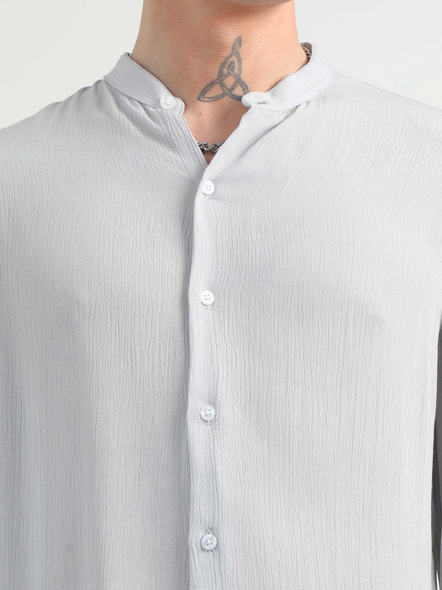 Chinese Neck Light Grey Cotton Blend Full Sleeve Shirt