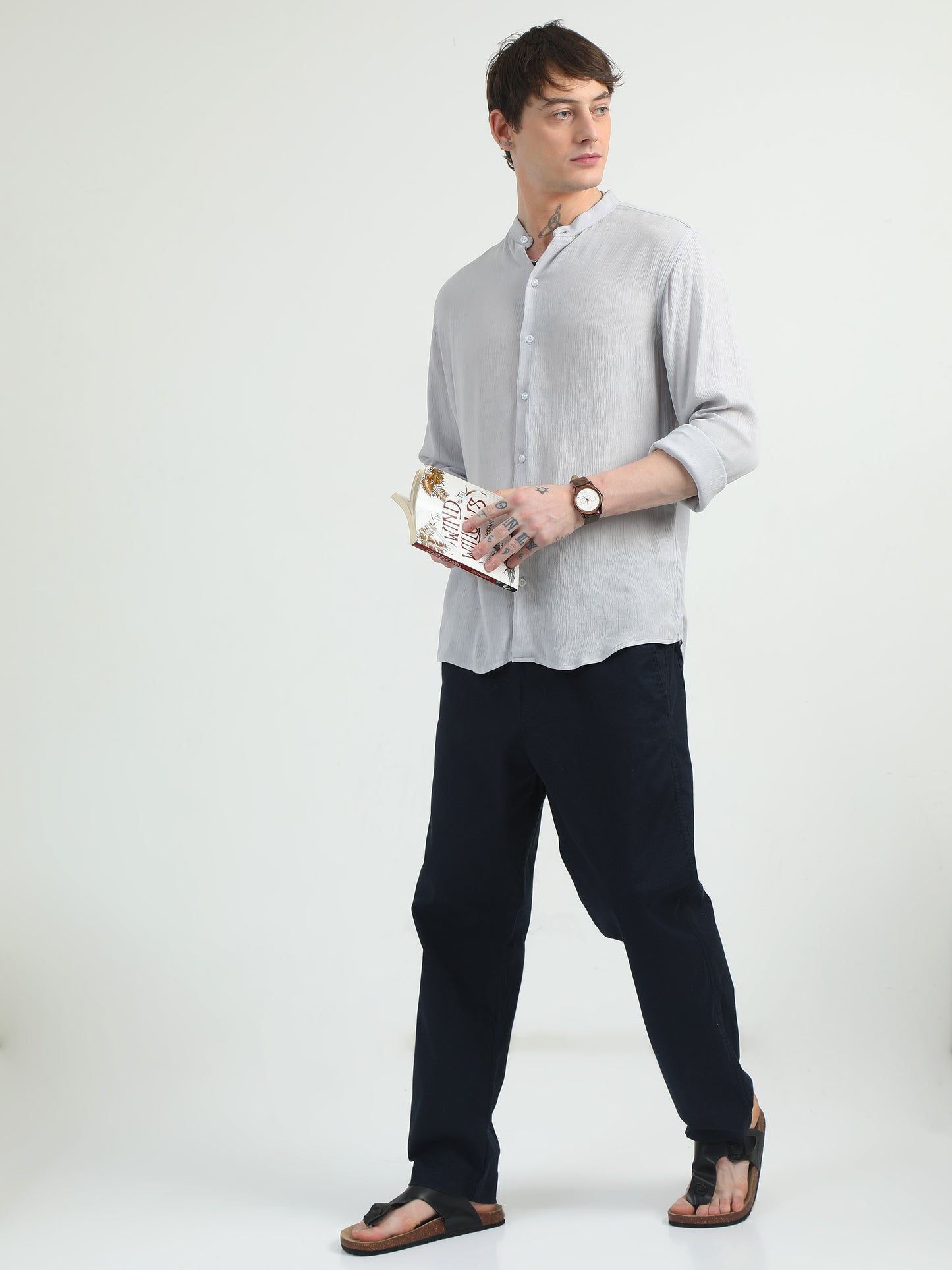 Chinese Neck Light Grey Cotton Blend Full Sleeve Shirt