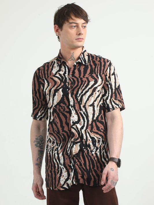 Animal Print Brown Half Sleeve Shirt