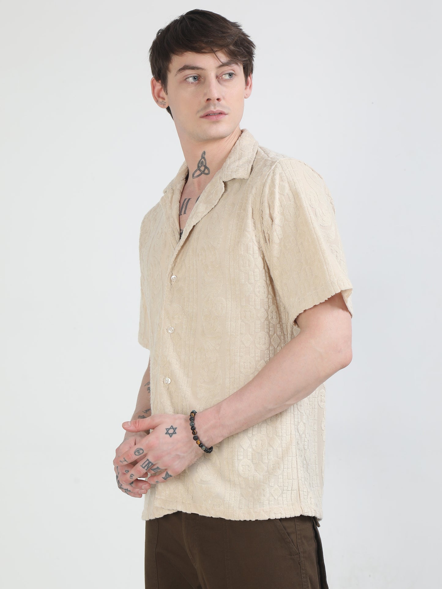 Embossed Design Beige Towel Shirt