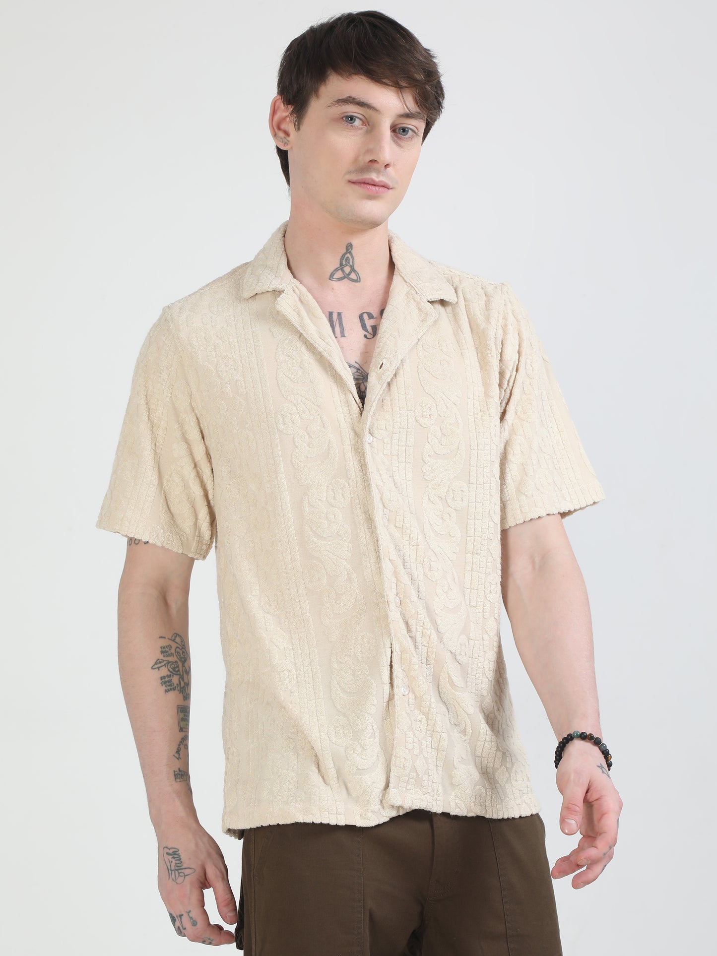 Embossed Design Beige Towel Shirt