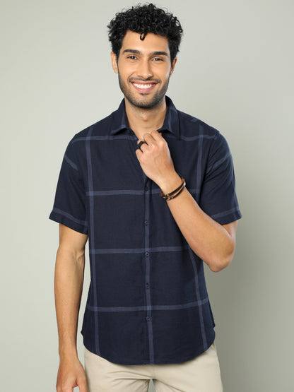 Navy Checks Cotton Dobby Half Sleeve Shirt for Men 