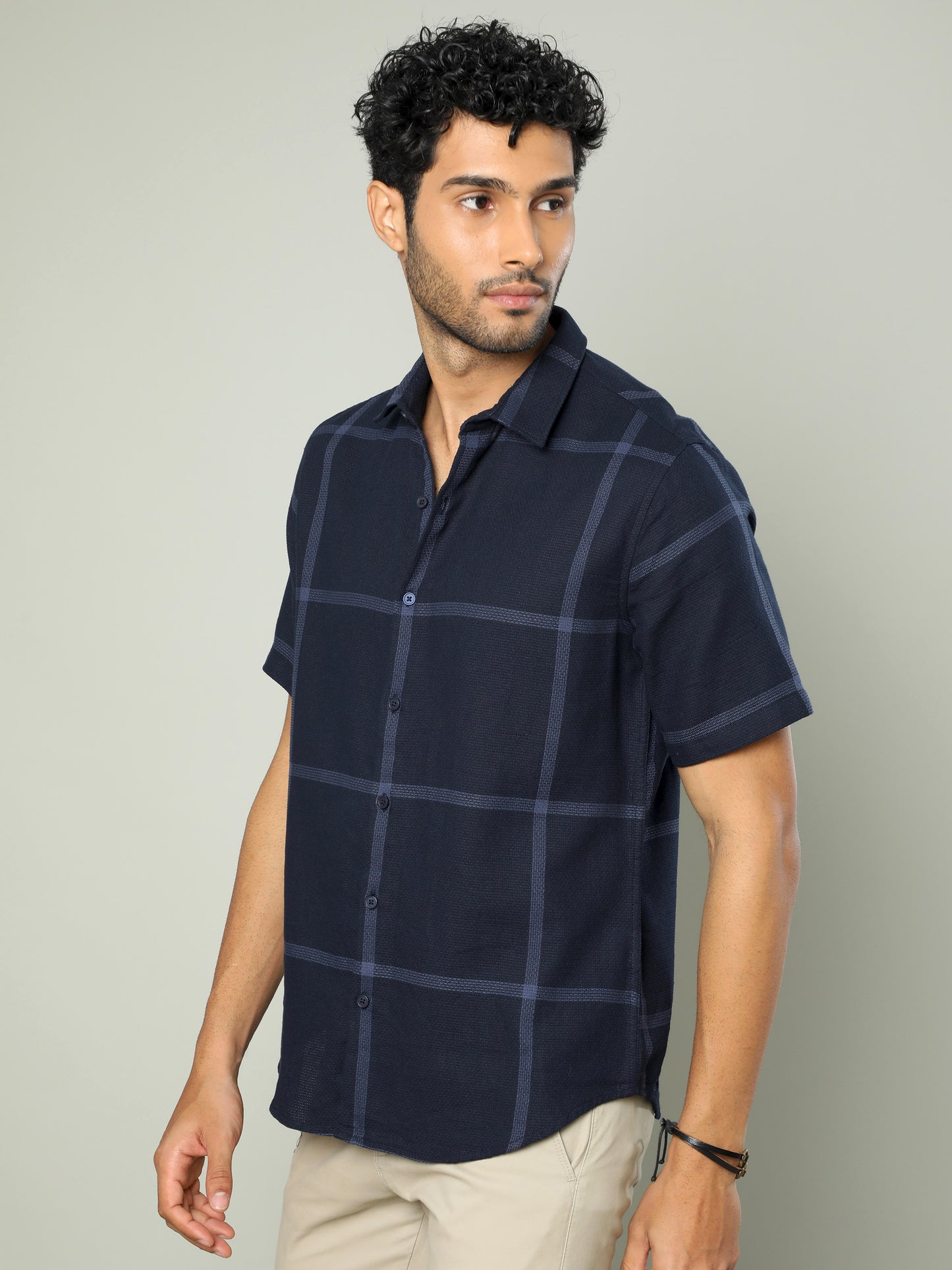 Navy Checks Cotton Dobby Half Sleeve Shirt for Men 