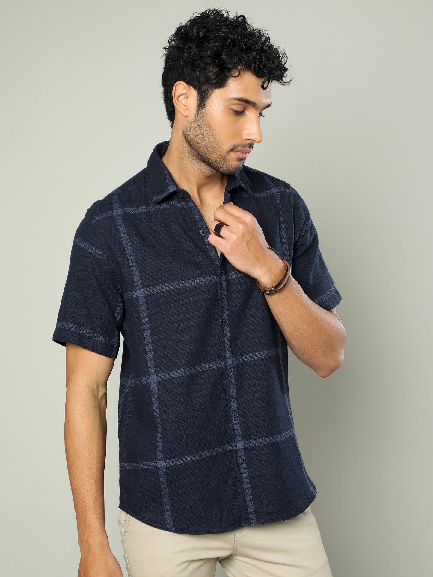 Navy Checks Cotton Dobby Half Sleeve Shirt for Men 