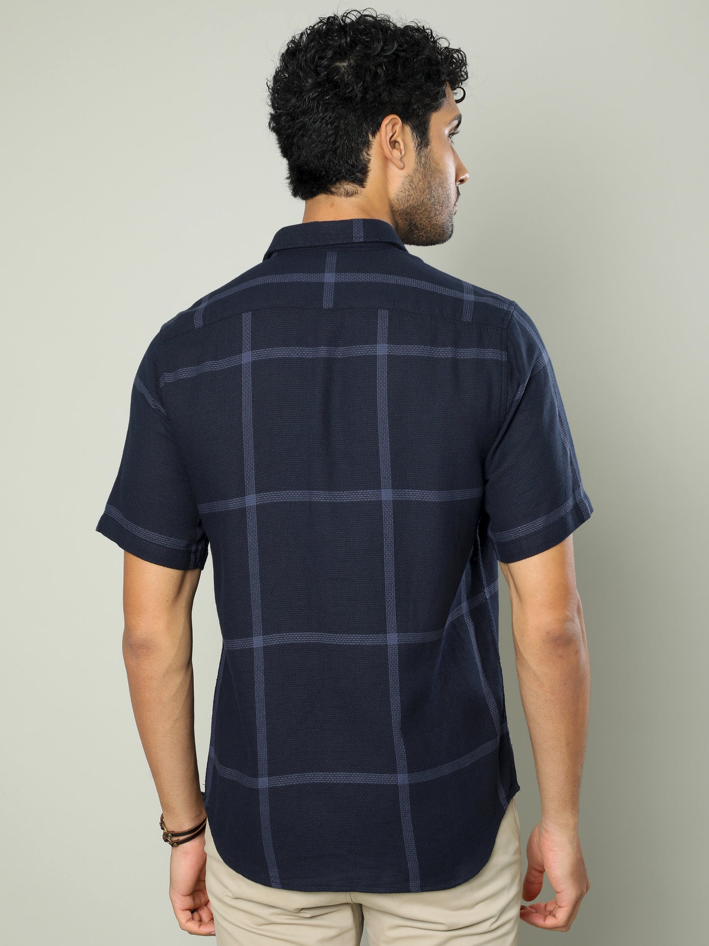 Navy Checks Cotton Dobby Half Sleeve Shirt for Men 