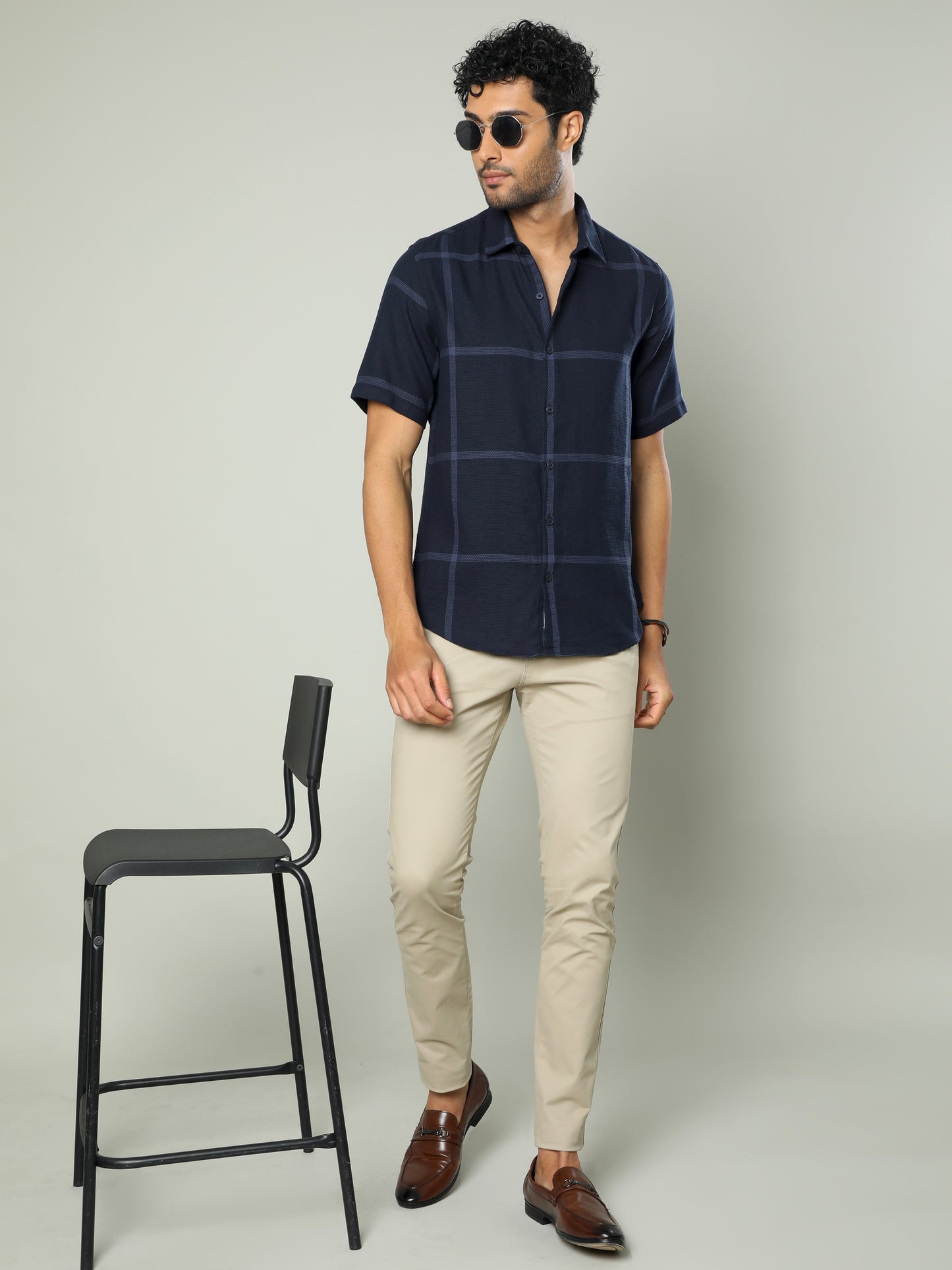 Navy Checks Cotton Dobby Half Sleeve Shirt for Men 