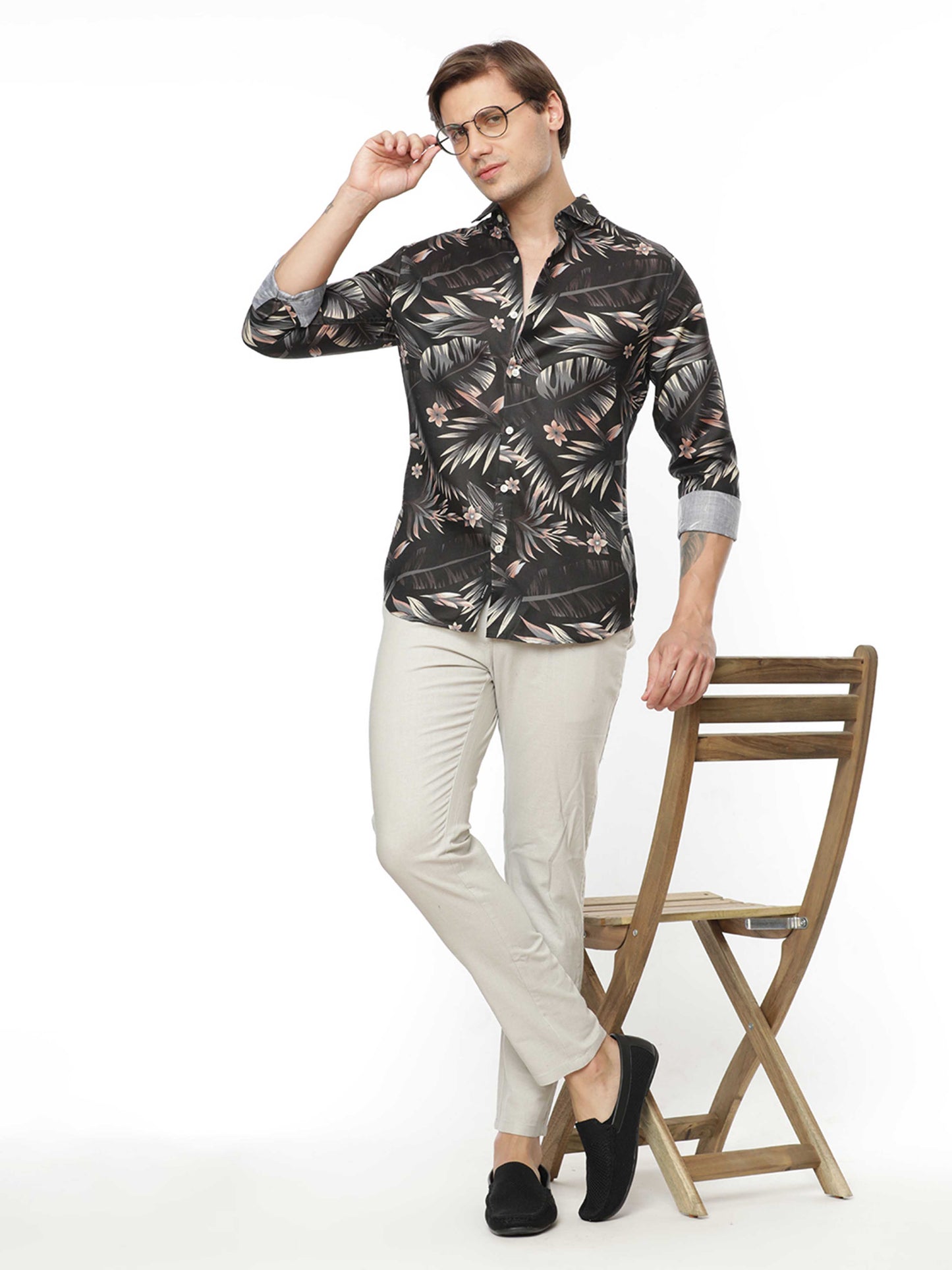 Black & Green Leaves Printed Shirt