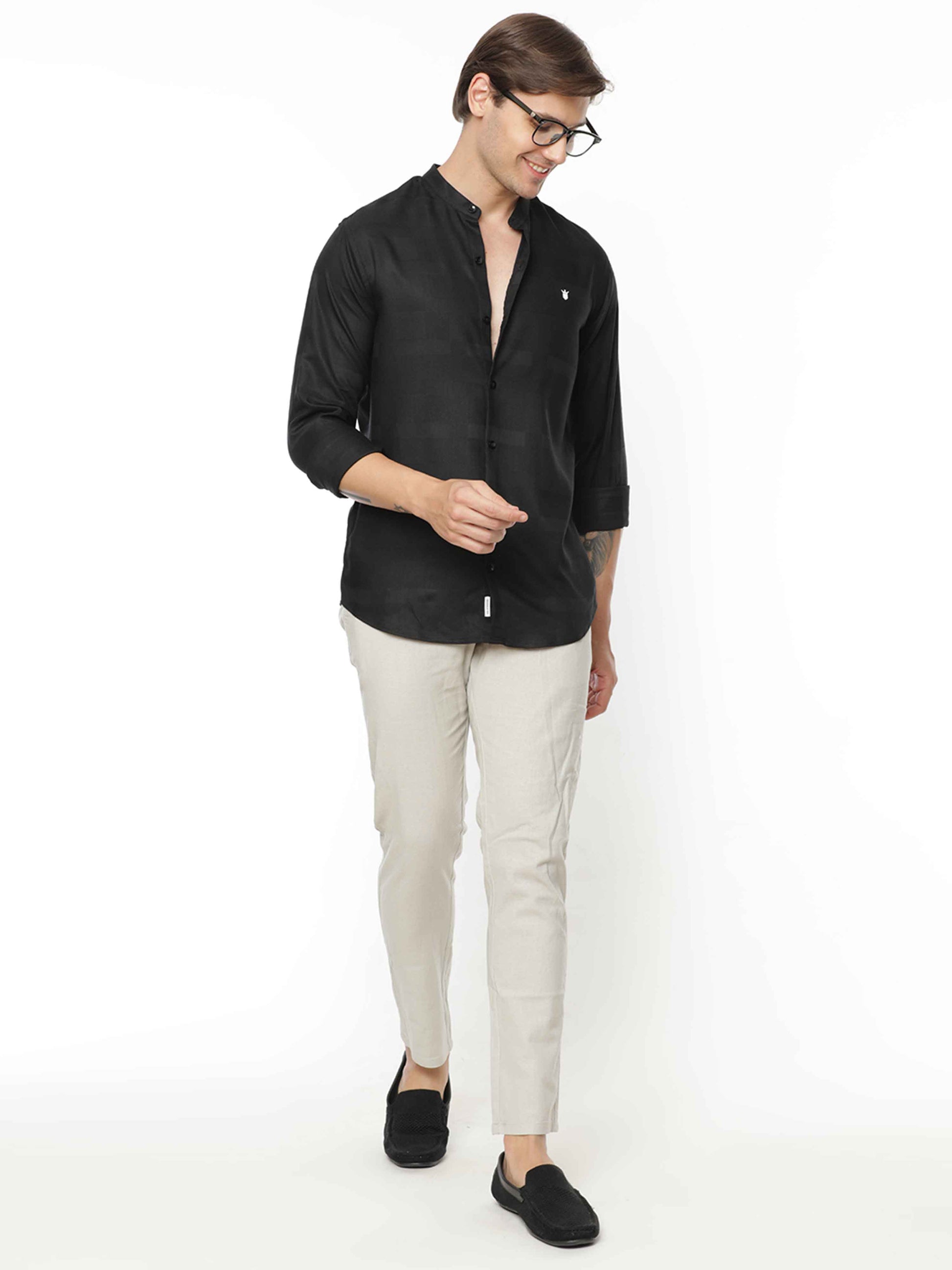 Chinese Collar Solid Black Shirt