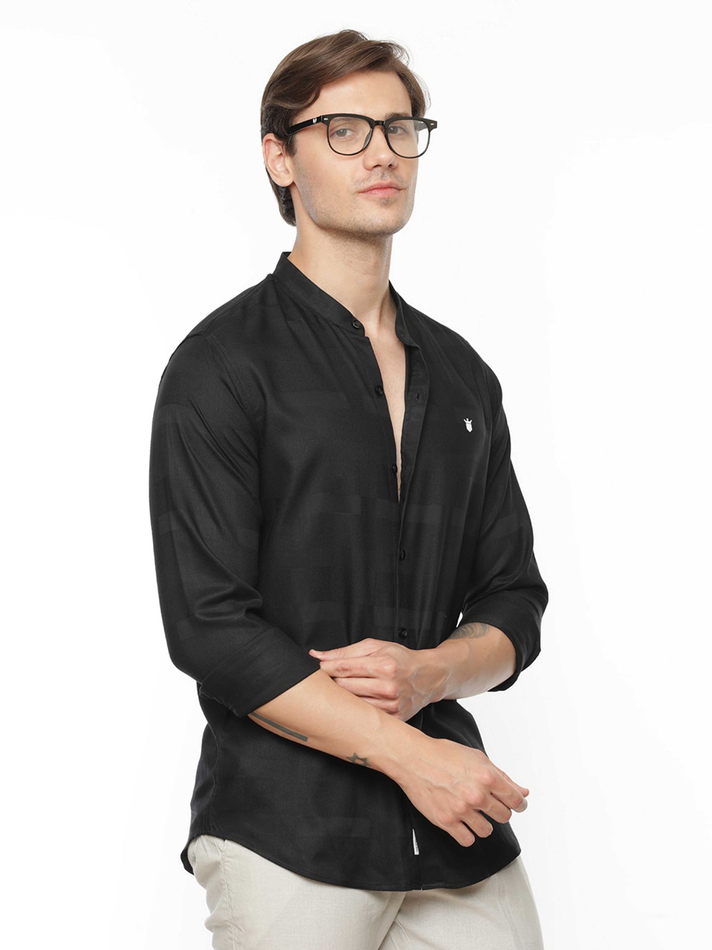 Chinese Collar Solid Black Shirt