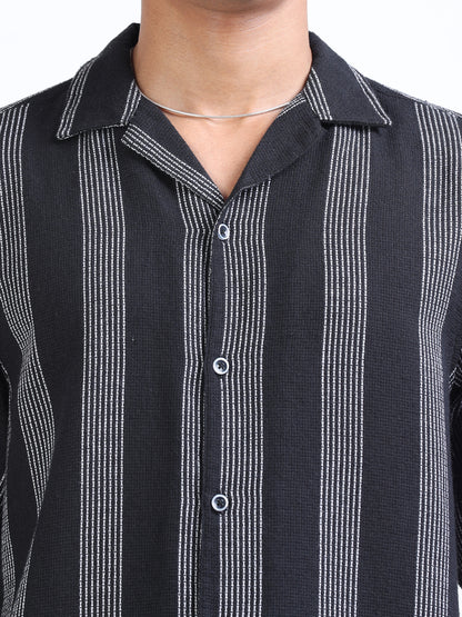 Black Cuban Collar Cotton Dobby Shirt for Men