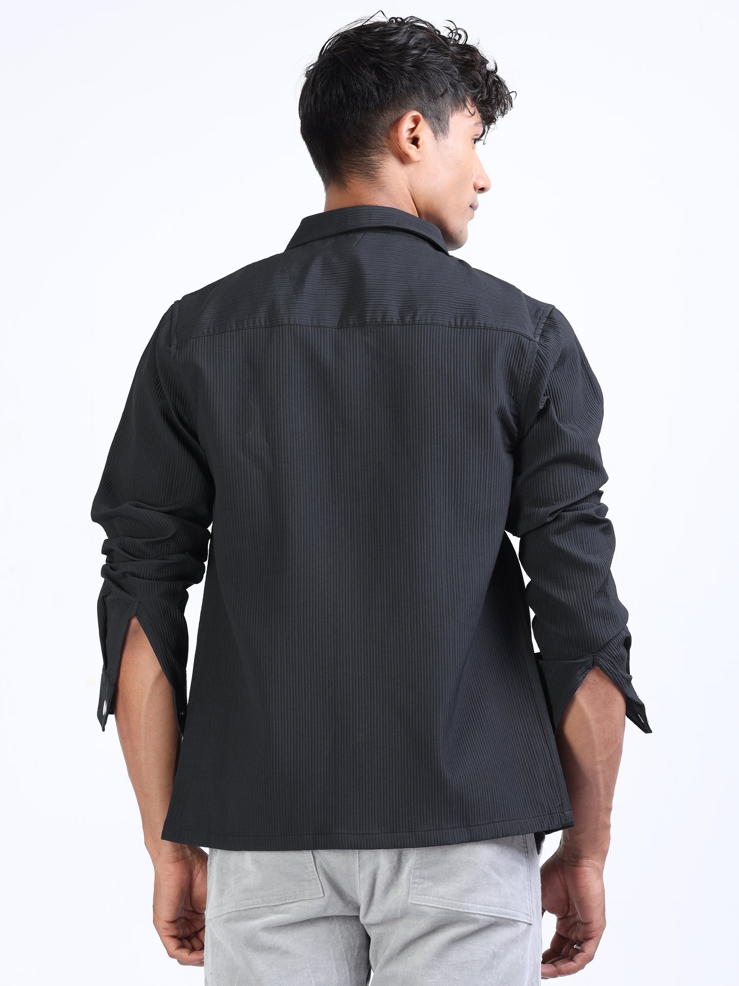 Black Textured Over Shirt for Men 