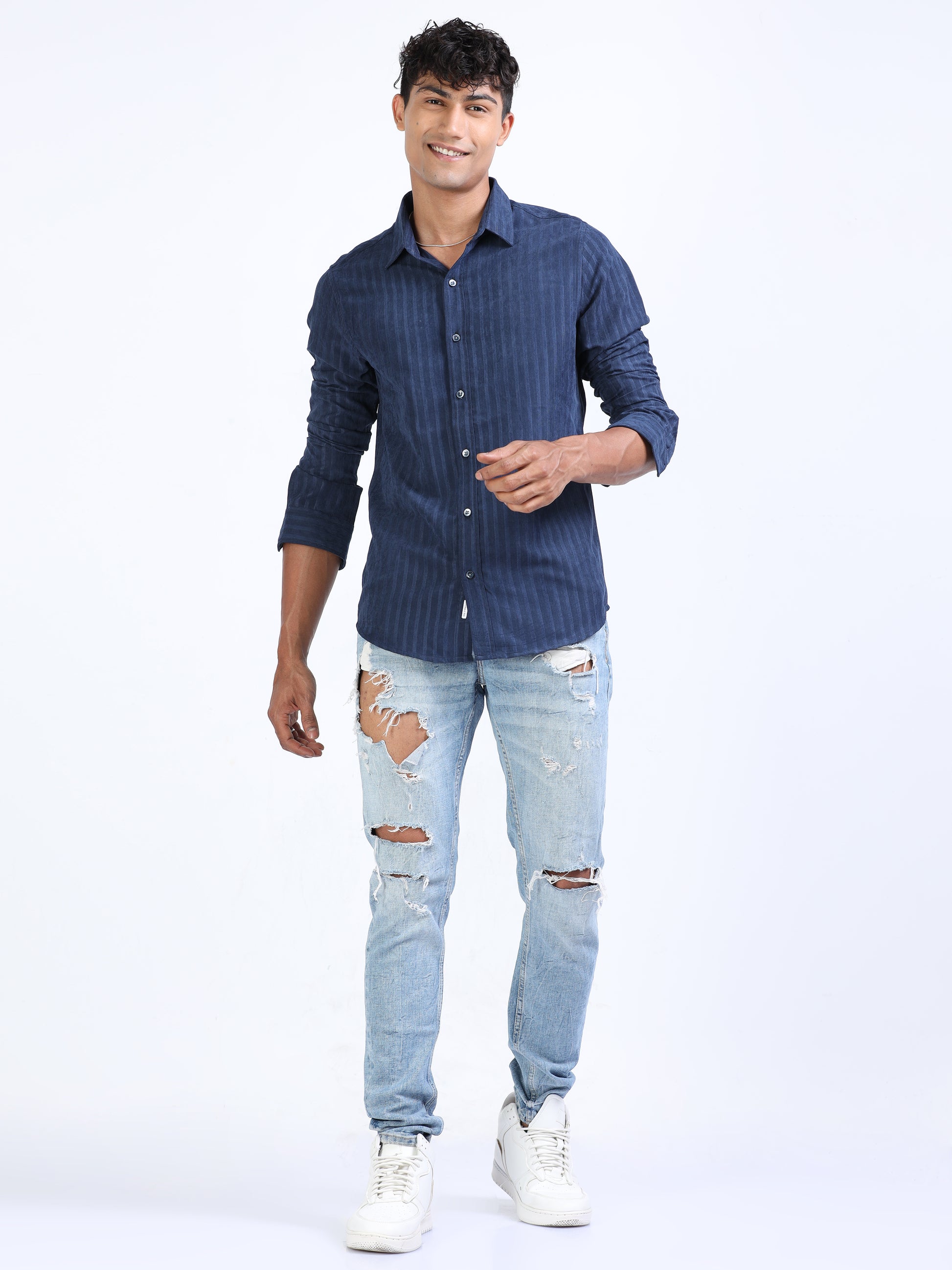 Chambray Blend Suede Stripe Shirt for Men
