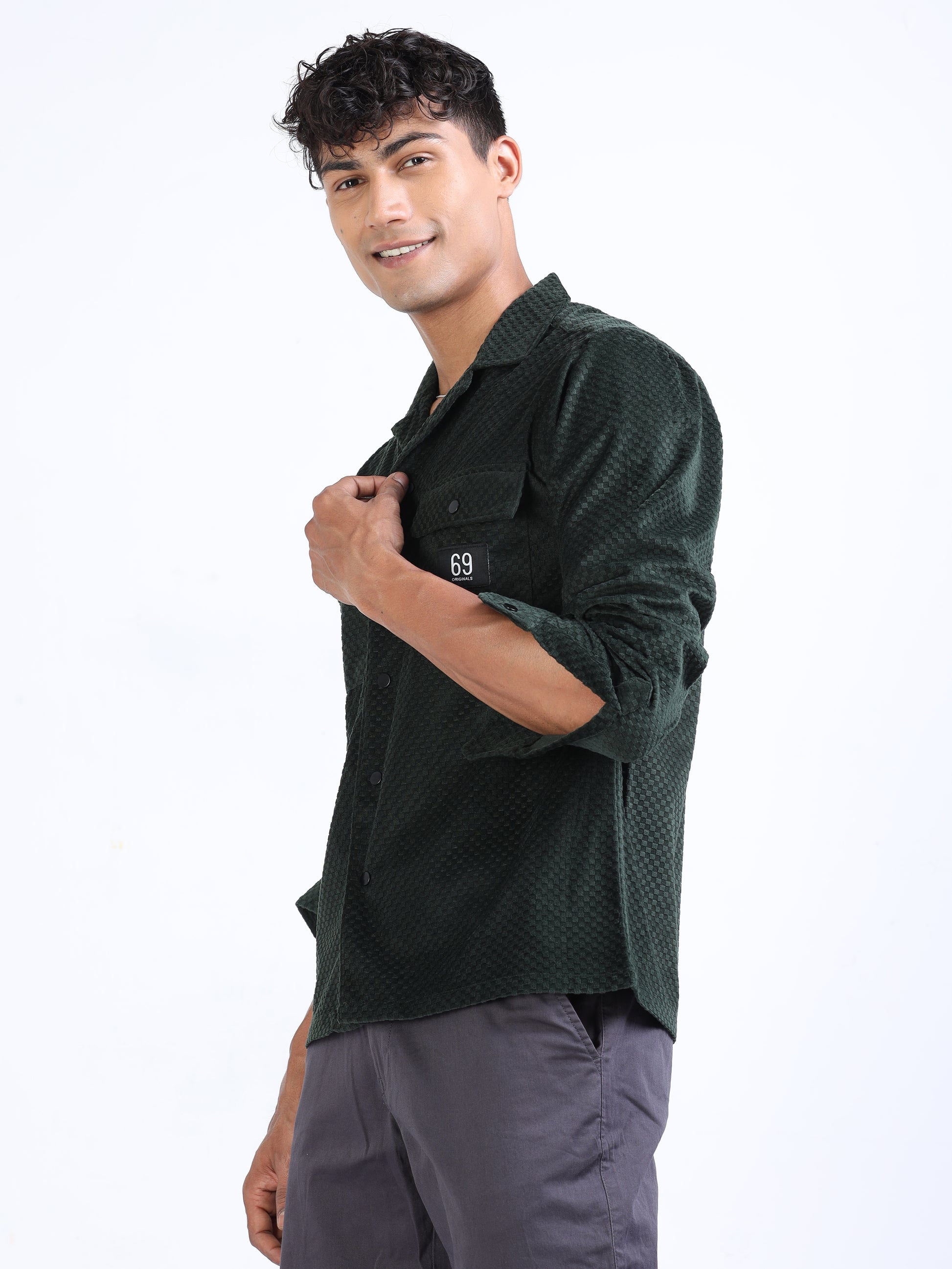 Dark Green Velvet Cargo Shirt for Men