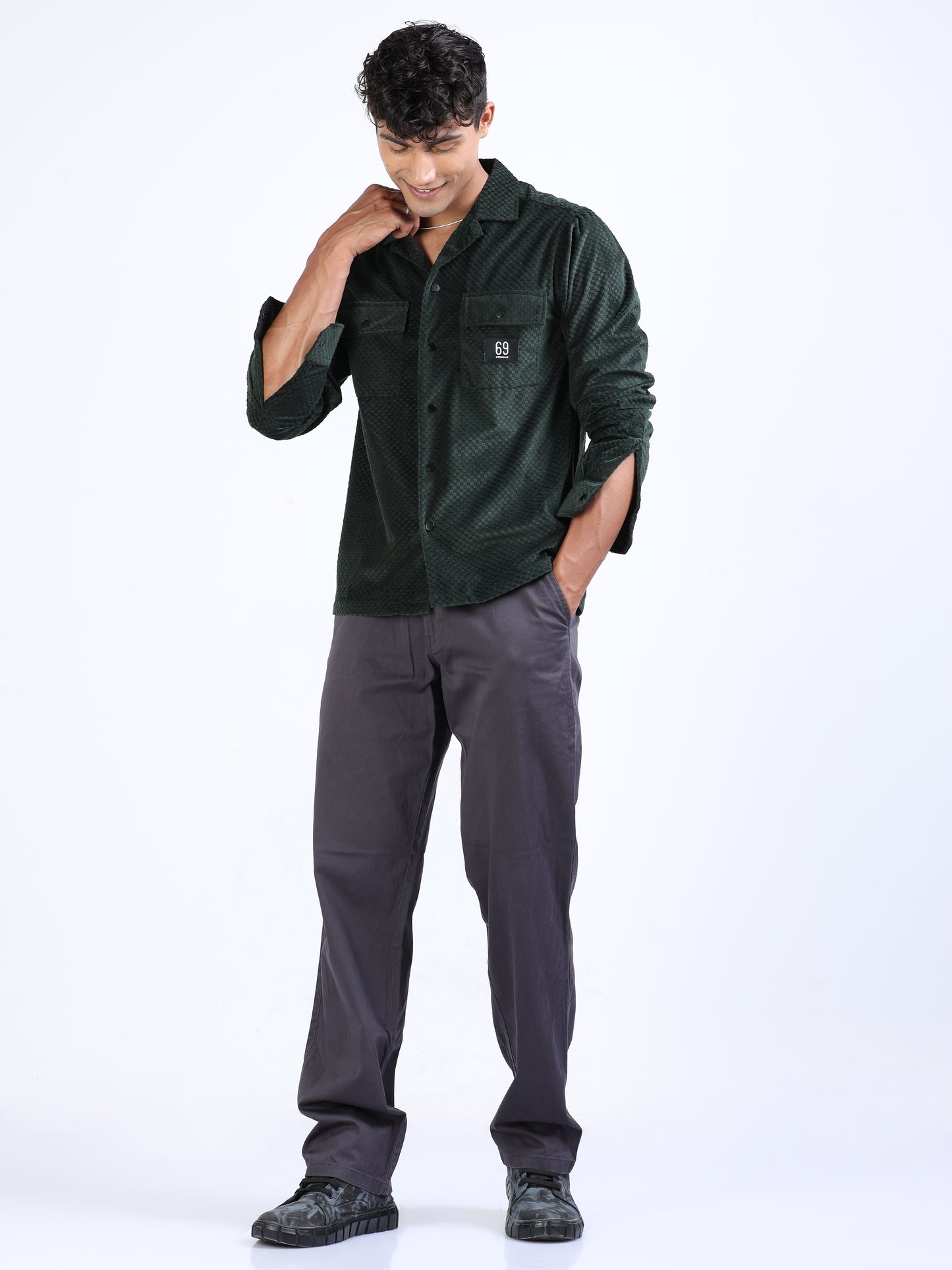 Dark Green Velvet Cargo Shirt for Men