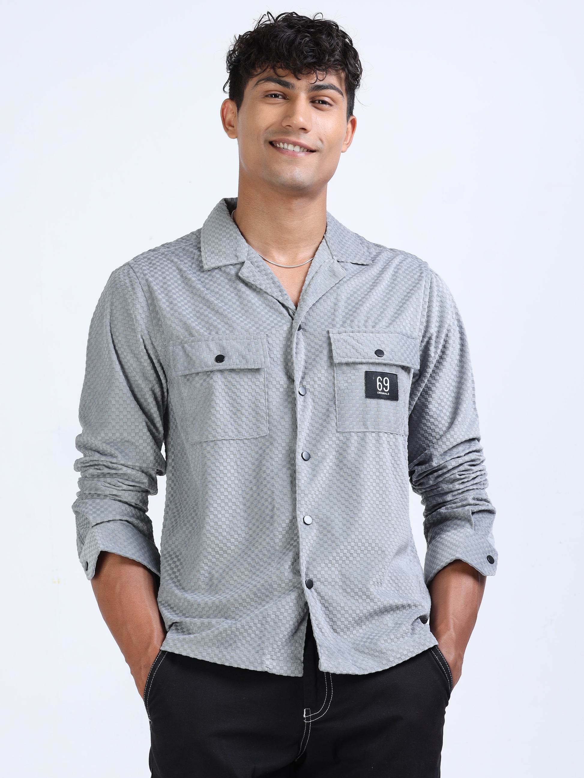 Grey Velvet Cargo Shirt for Men 