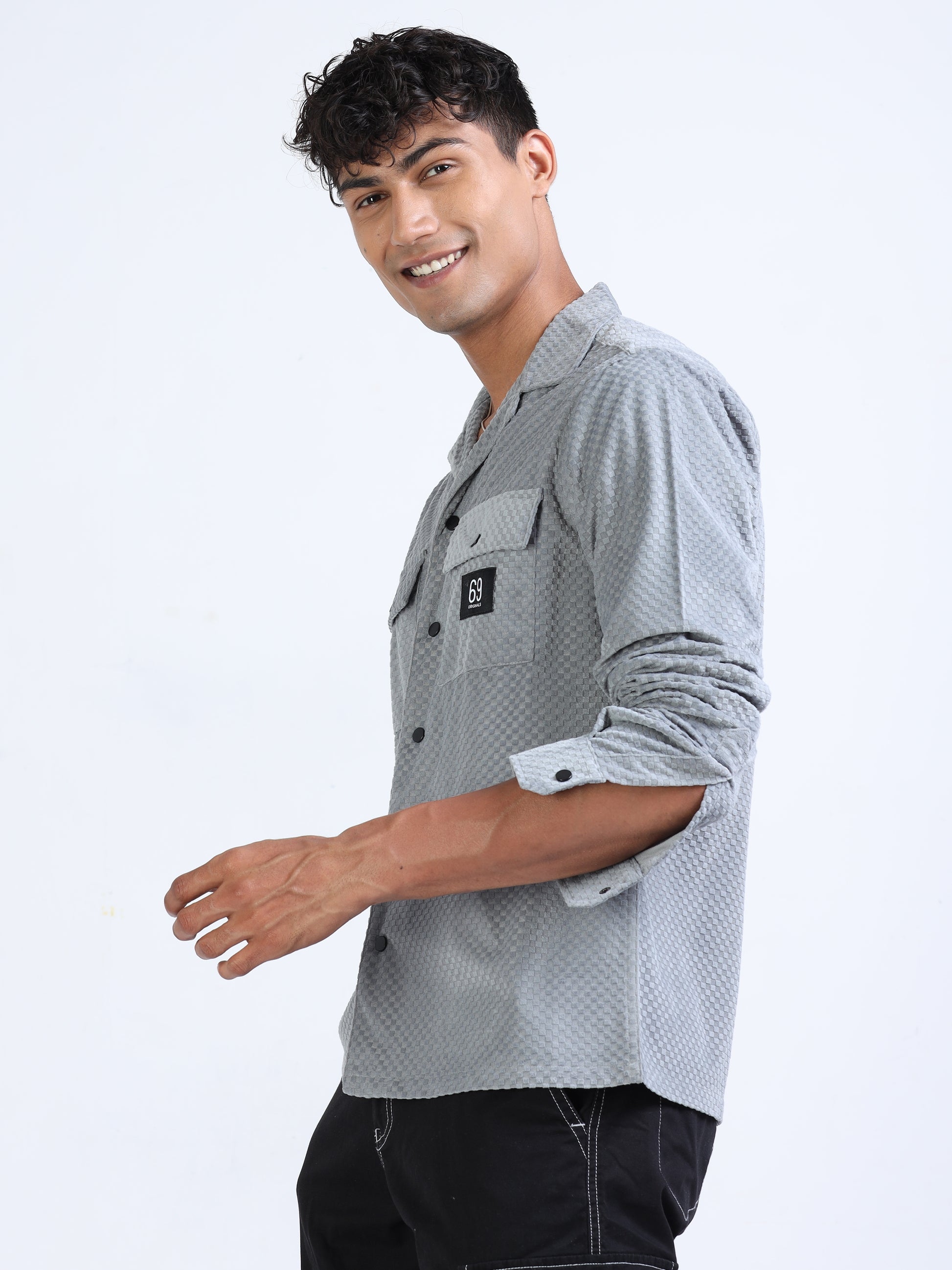 Grey Velvet Cargo Shirt for Men 