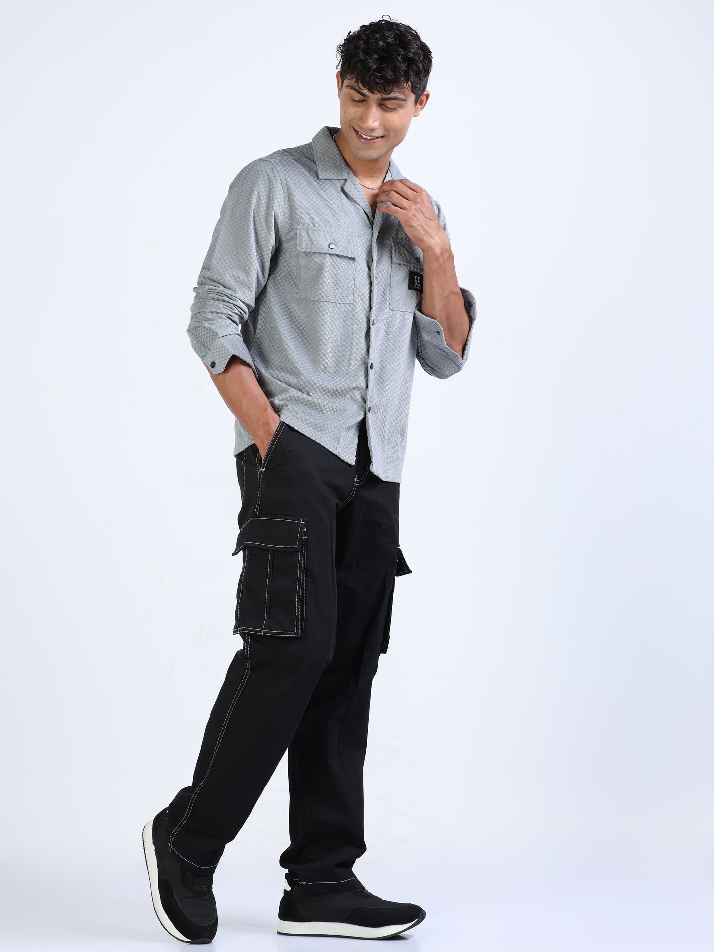 Grey Velvet Cargo Shirt for Men 