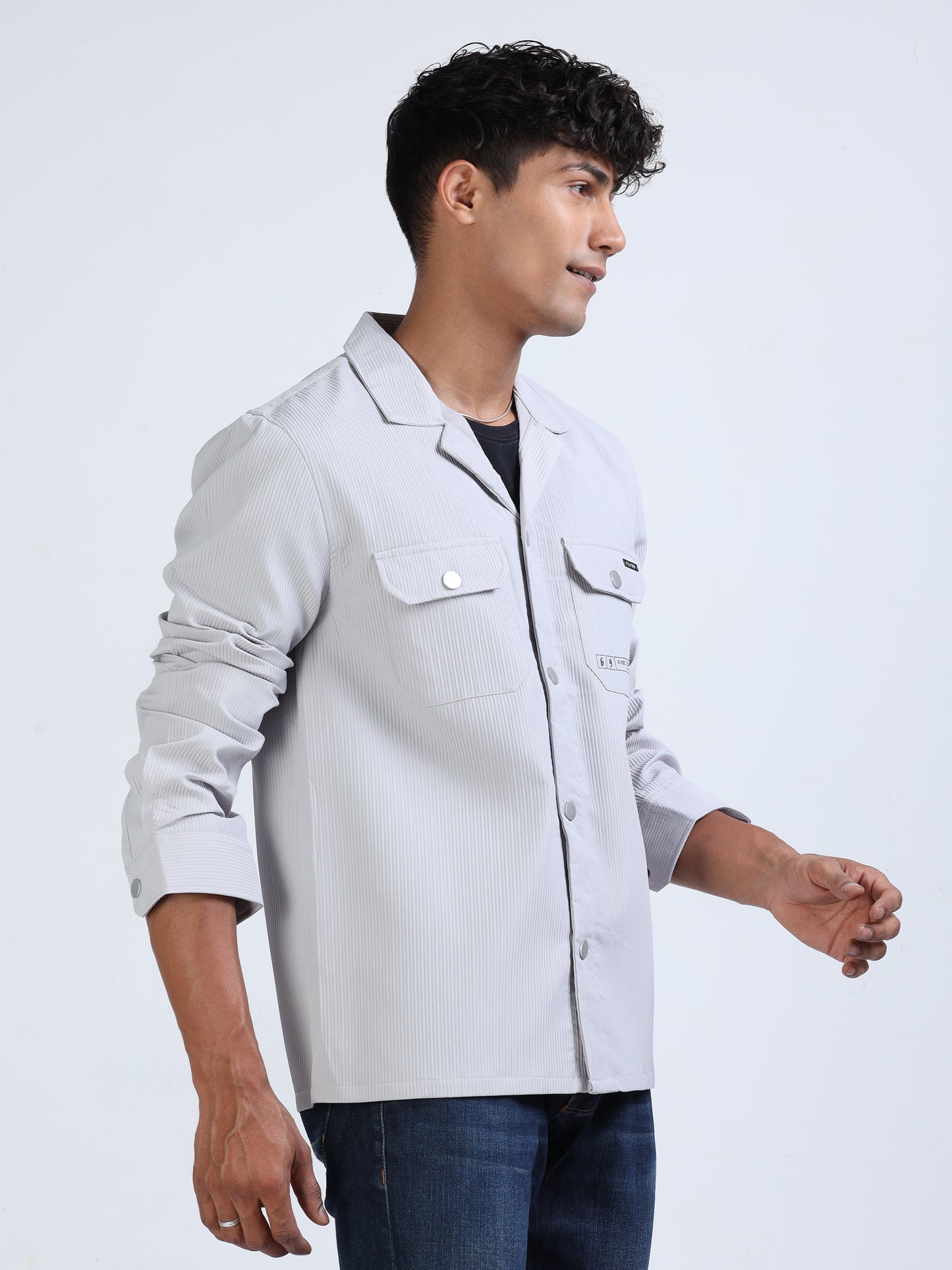 Link Water Cuban Collar Textured Overshirt for Men 