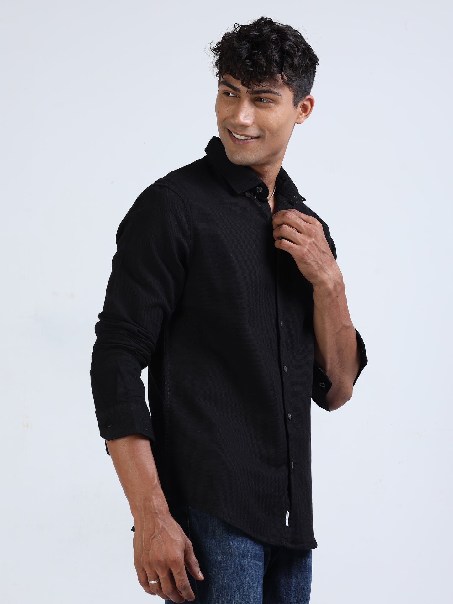 Black Cotton Dobby Solid Shirt for Men 