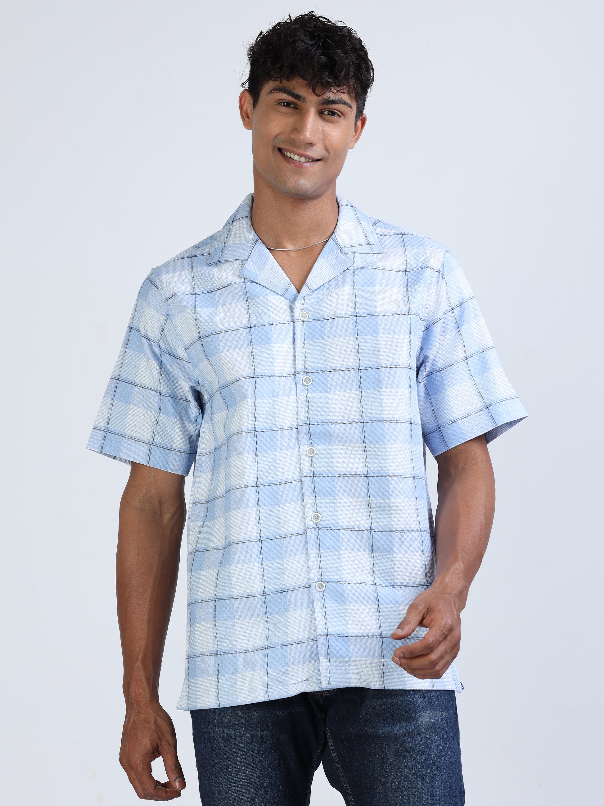 Blue Checks Popcorn Shirt for Men 