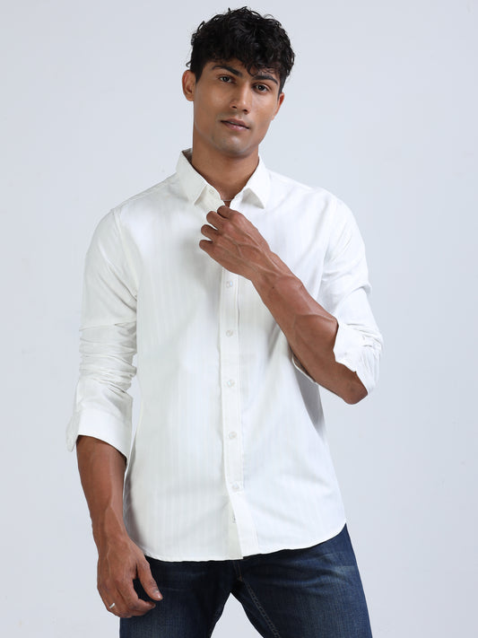 White Blend Suide Stripe Shirt for Men 