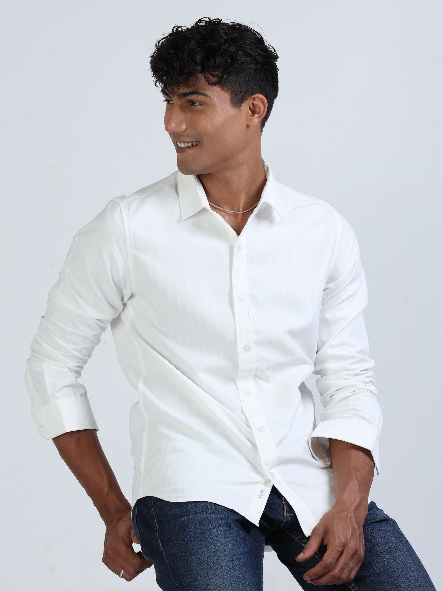 White Blend Suide Stripe Shirt for Men 