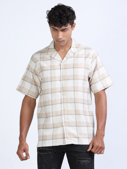 Beige Checks Popcorn Shirt for Men 