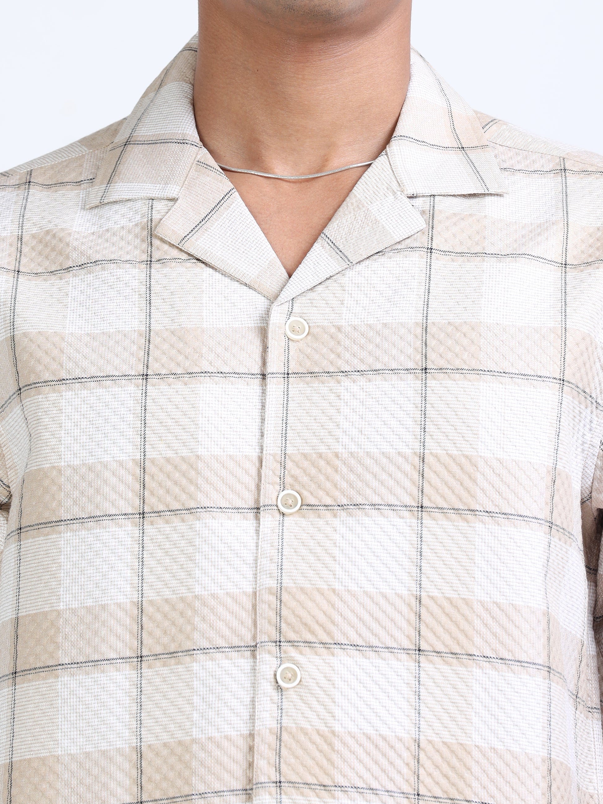 Beige Checks Popcorn Shirt for Men 