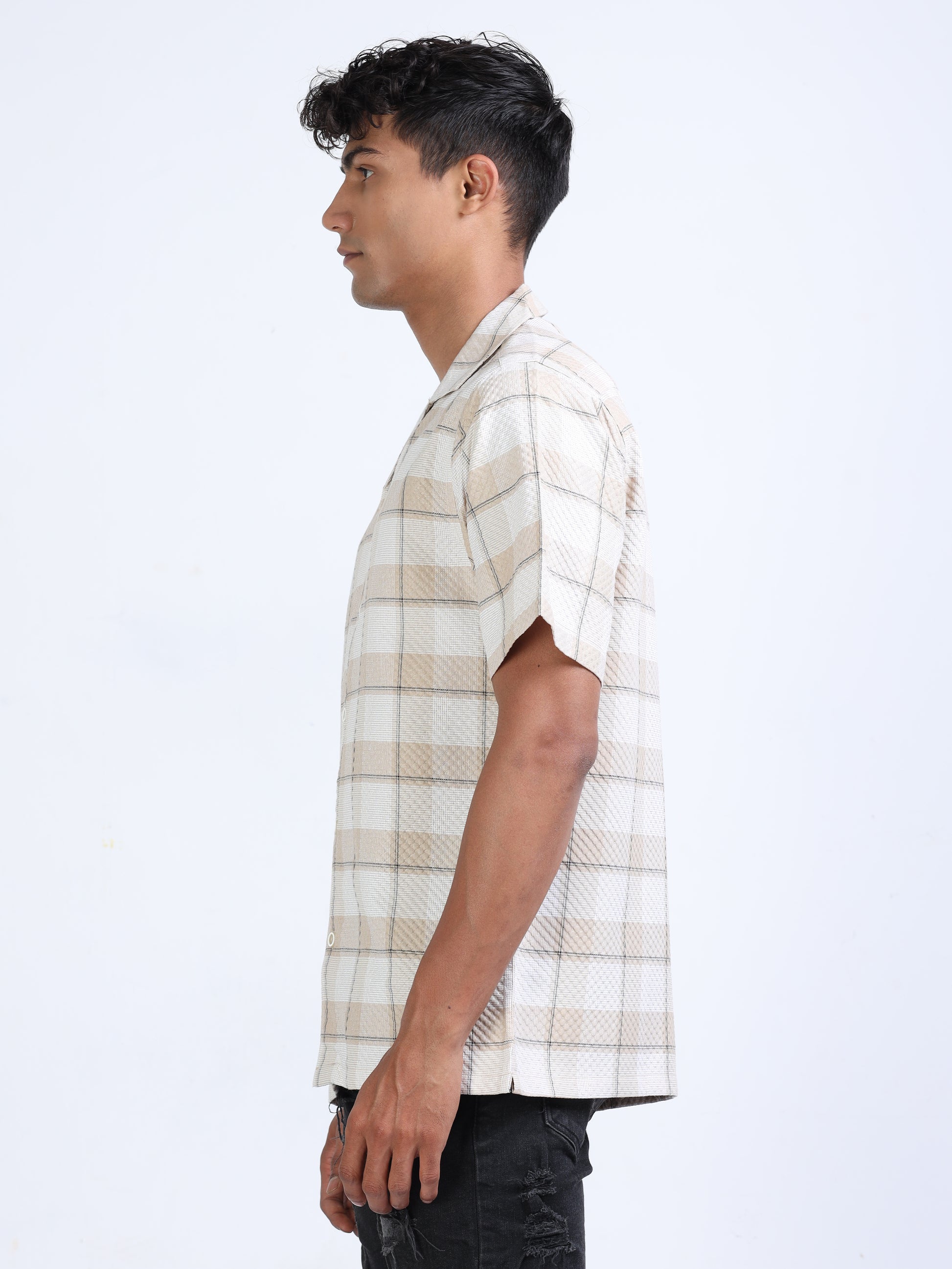 Beige Checks Popcorn Shirt for Men 