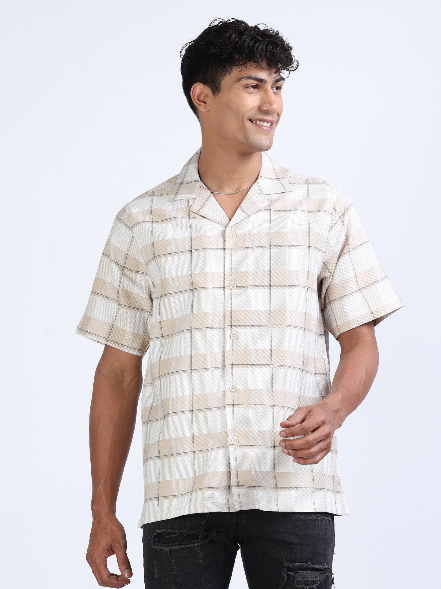 Beige Checks Popcorn Shirt for Men 