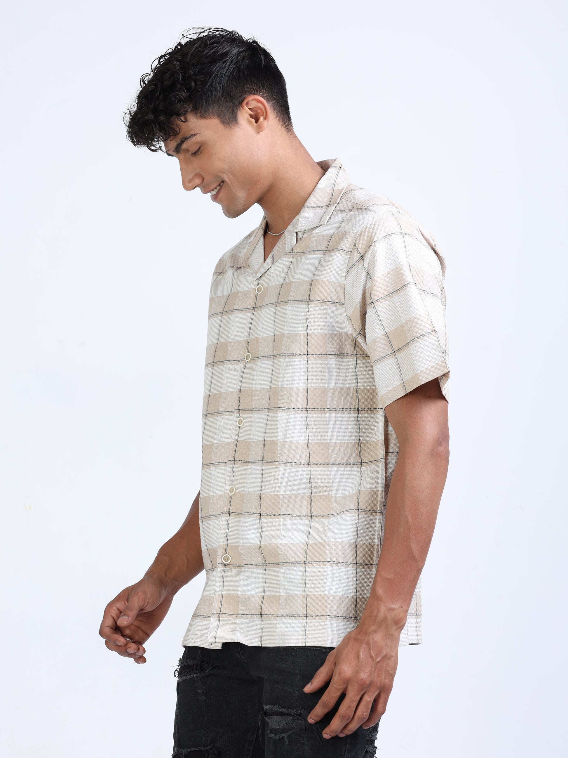 Beige Checks Popcorn Shirt for Men 