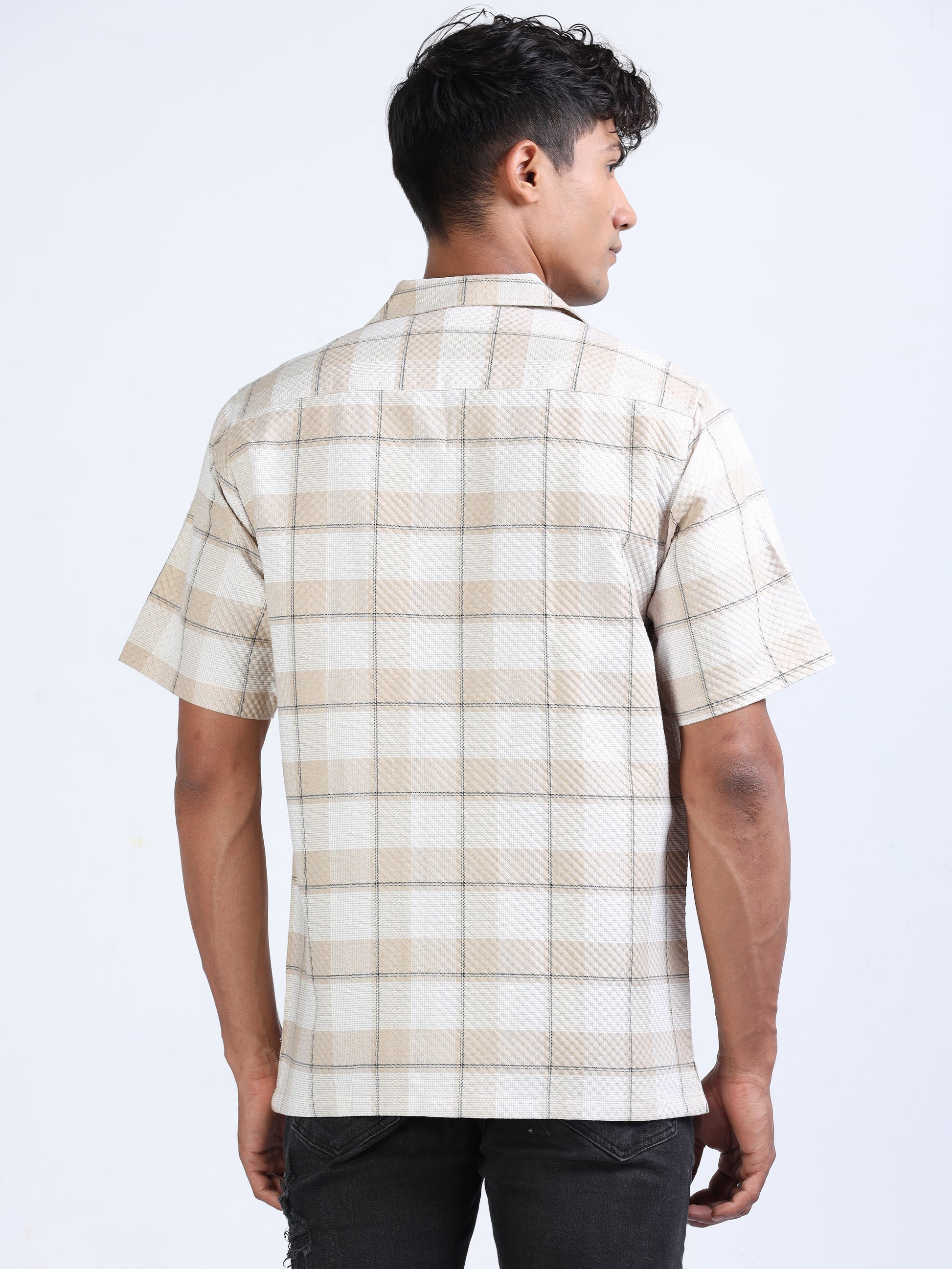 Beige Checks Popcorn Shirt for Men 