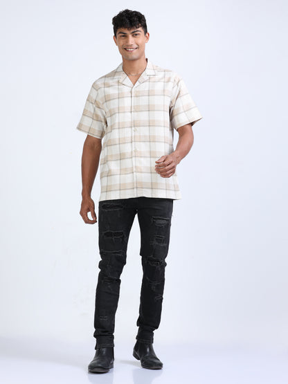 Beige Checks Popcorn Shirt for Men 