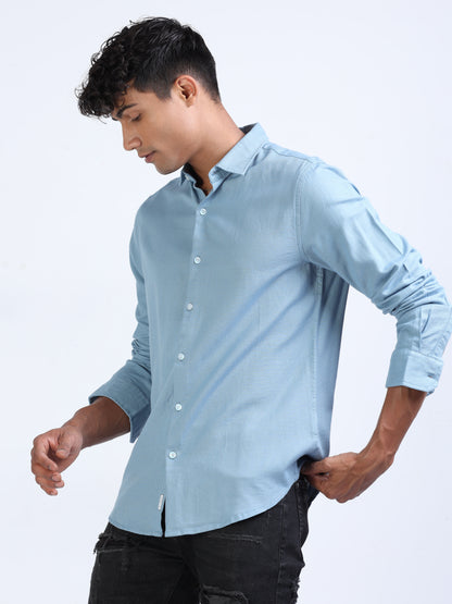 Echo Blue Cotton Dobby Solid Shirt for Men 