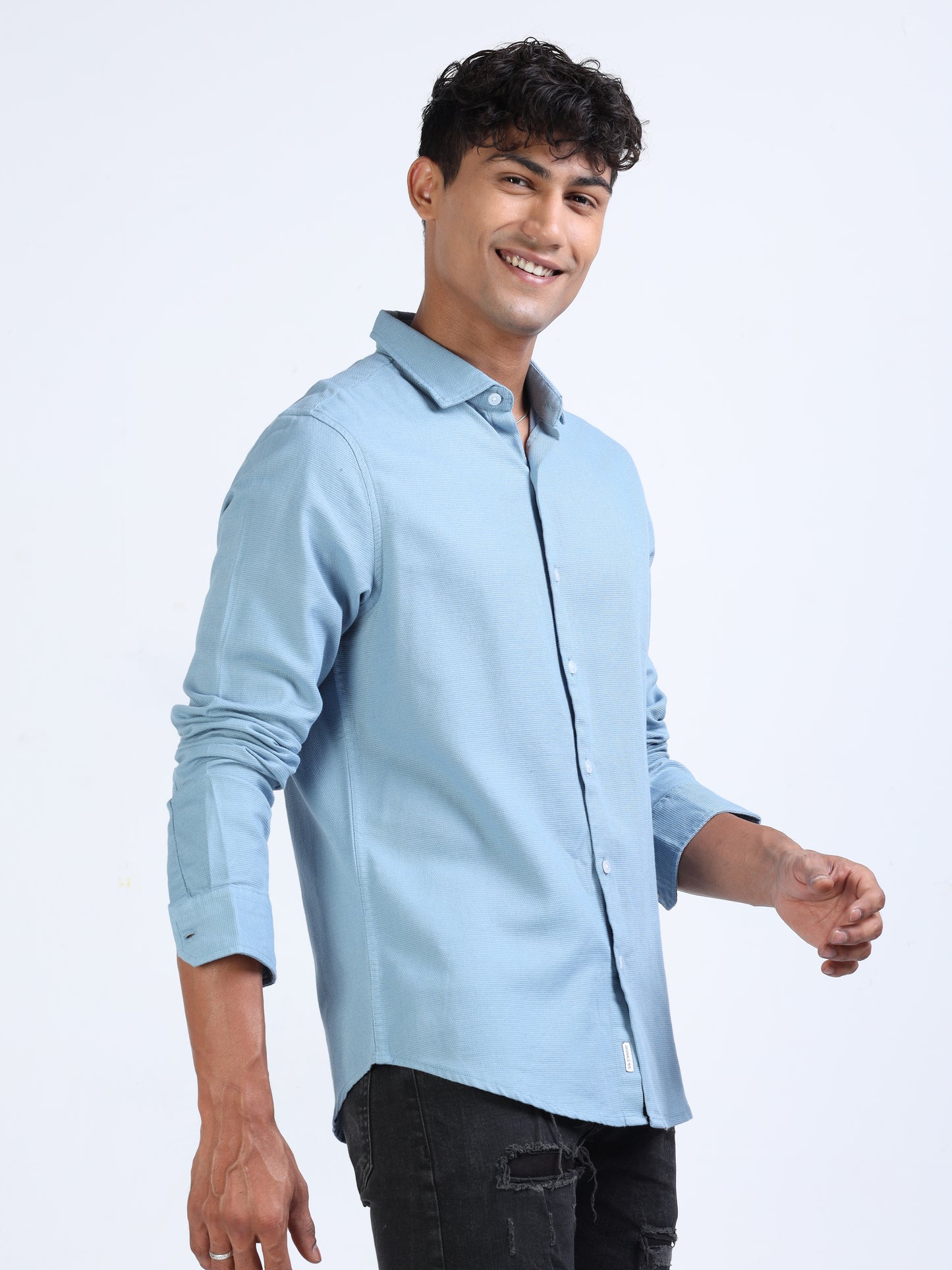 Echo Blue Cotton Dobby Solid Shirt for Men 