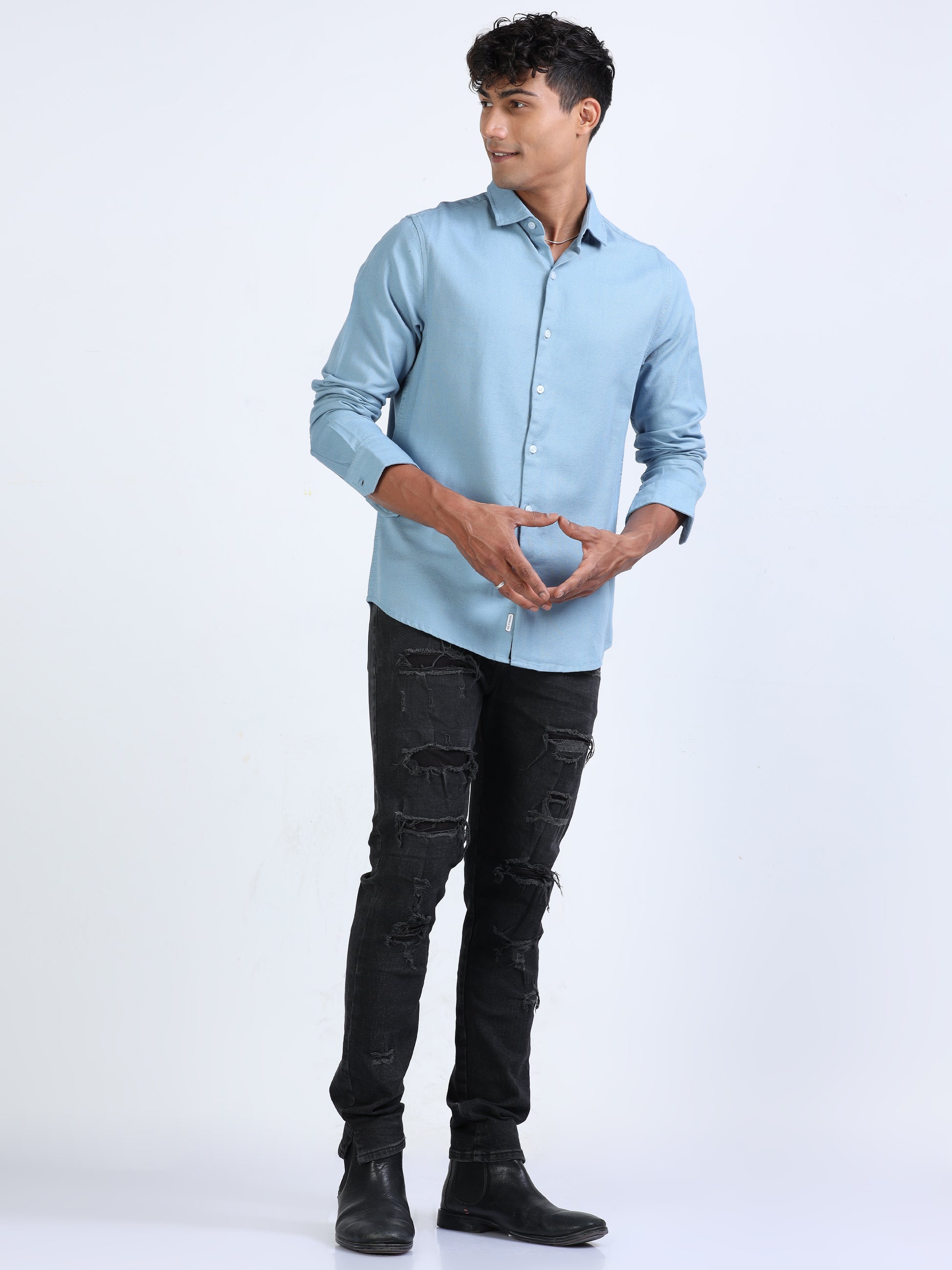 Echo Blue Cotton Dobby Solid Shirt for Men 