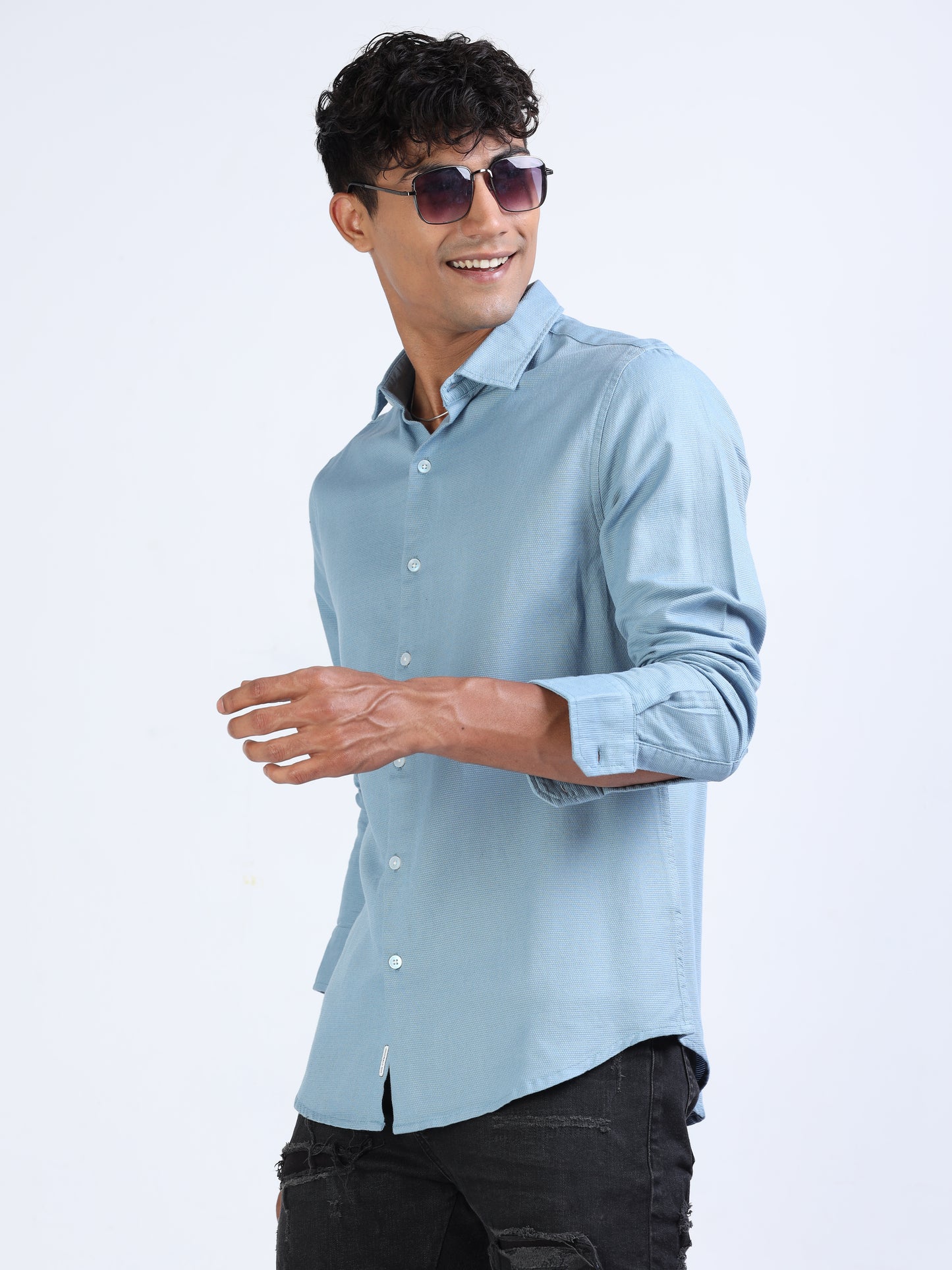 Echo Blue Cotton Dobby Solid Shirt for Men 