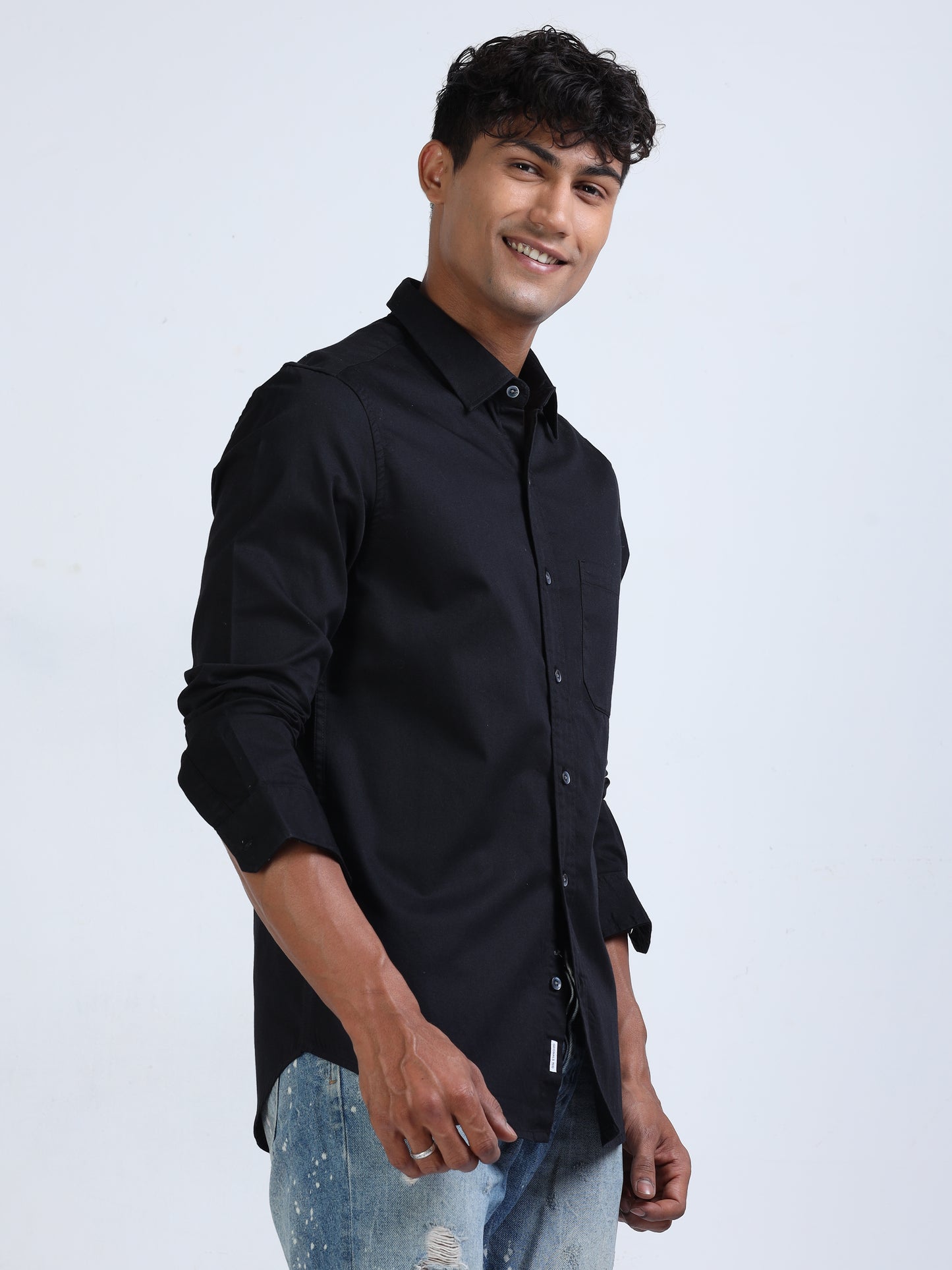 Black Twill Cotton Shirt for Men 