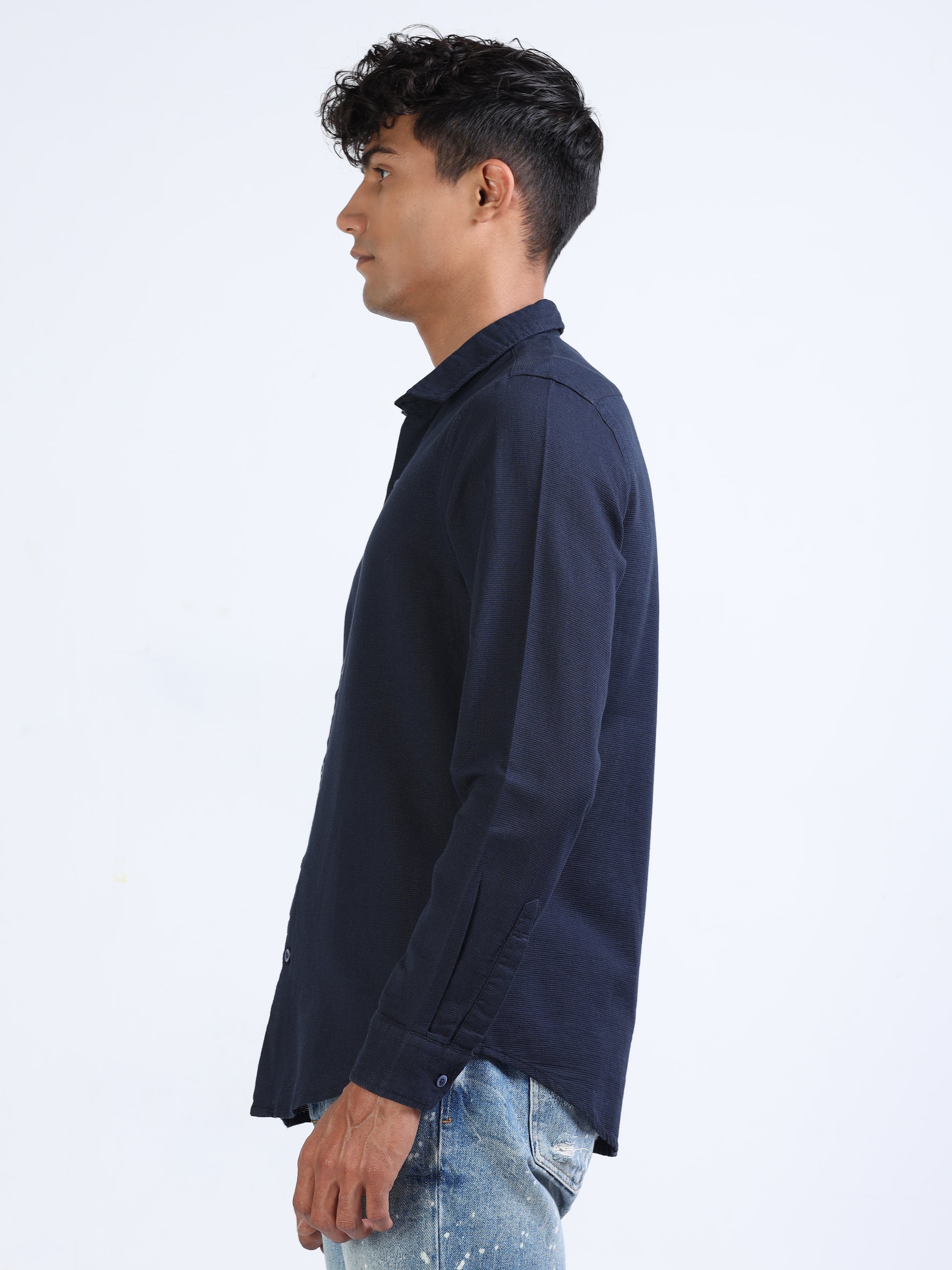 Navy Cotton Dobby Solid Shirt for Men 