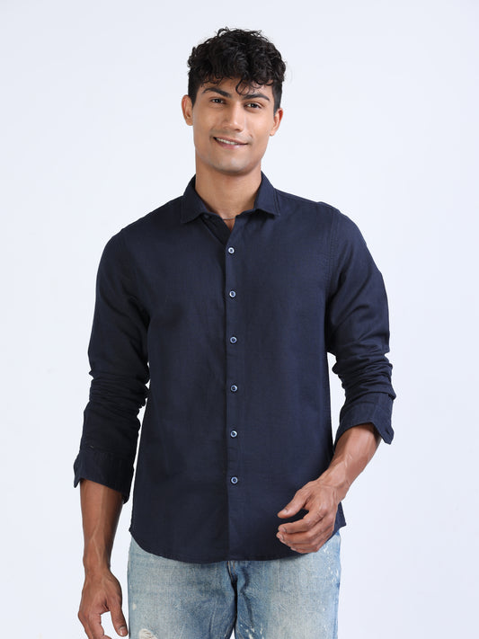 Navy Cotton Dobby Solid Shirt for Men 