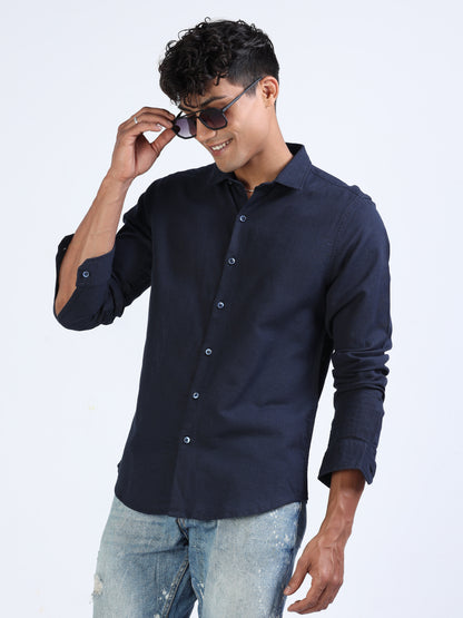 Navy Cotton Dobby Solid Shirt for Men 