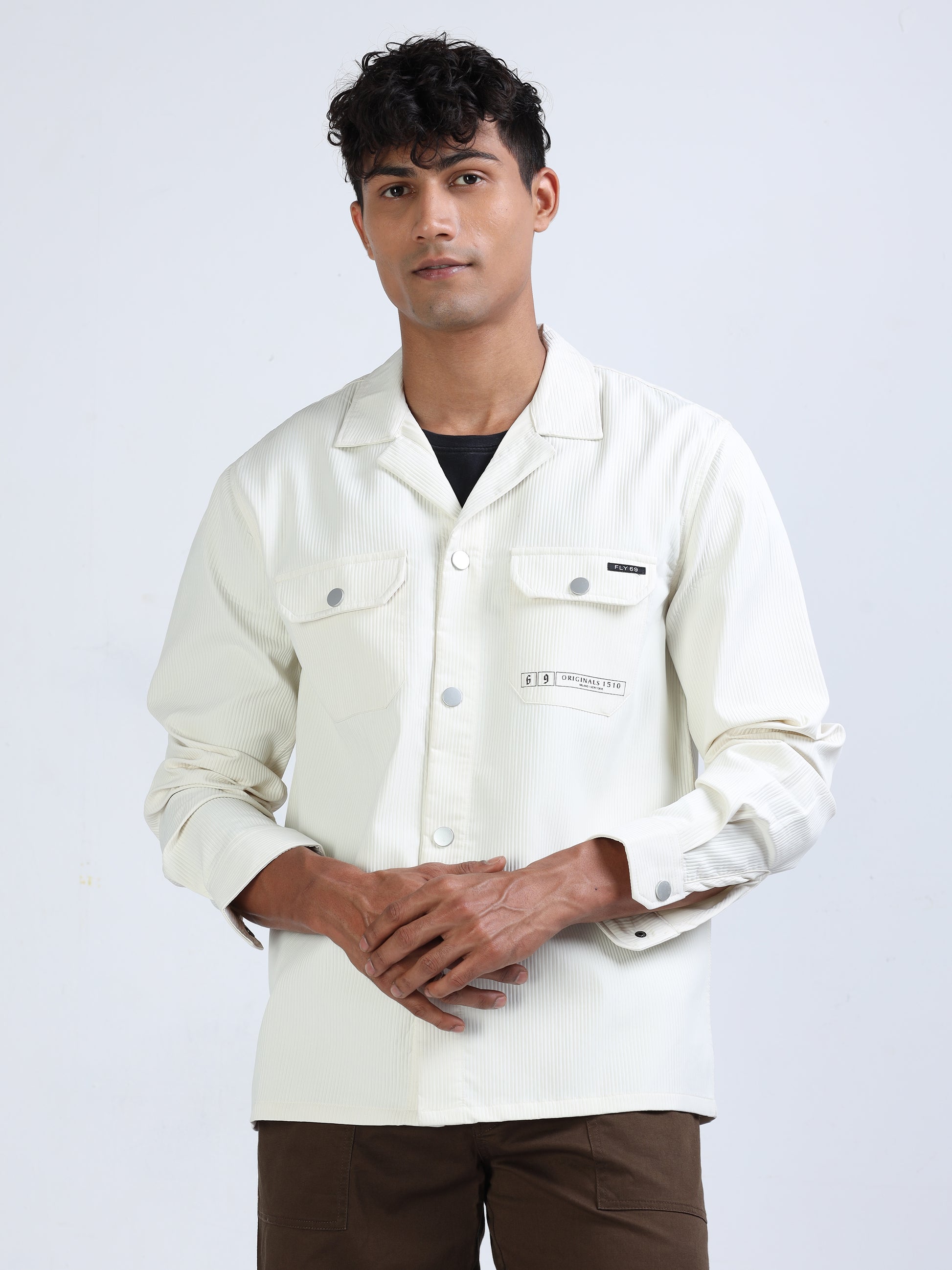 Zircon Cuban Collar Textured Overshirt for Men 