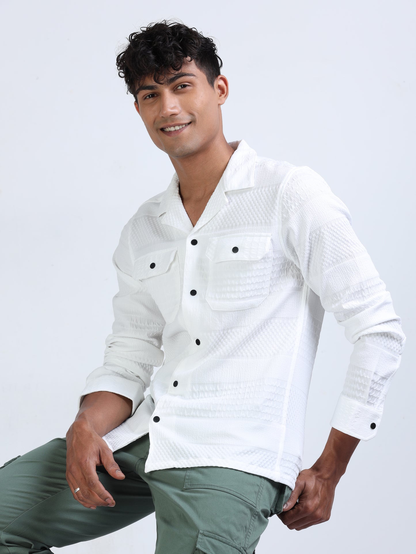 White Double Pocket Textured Shirt for Men 